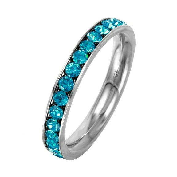 Channel Set Simulated Turquoise Cubic Zirconia December Birthstone Eternity Ring Sterling Silver Size 9
