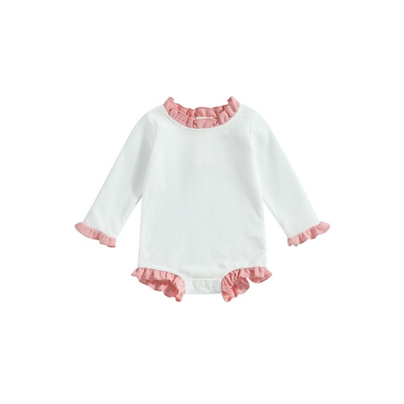 Bagilaanoe Newborn Baby Girl Rompers Ruffle Contrast Color Long Sleeve Bodysuits 3M 6M 12M 18M Waffle One Piece Short Jumpsuits