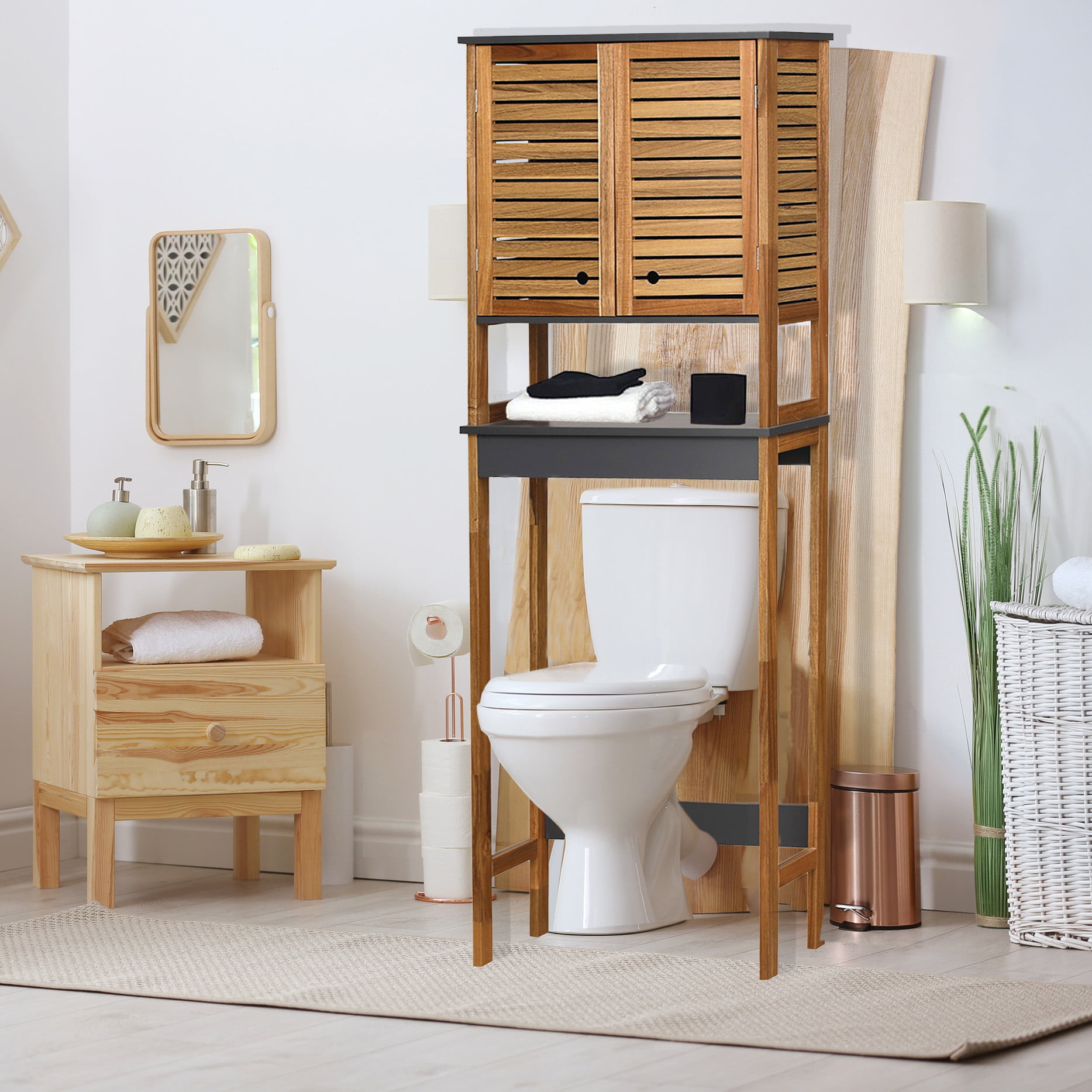 VEIKOUS Bamboo Over-The-Toilet Storage Cabinet Bathroom Organizer with  Shelf and Cupboard