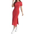 thumbnail image 3 of Women'S Crew Neck Short Sleeve All-over Striped Side Split Loose Midi Casual Dress Deep Red L, 3 of 6