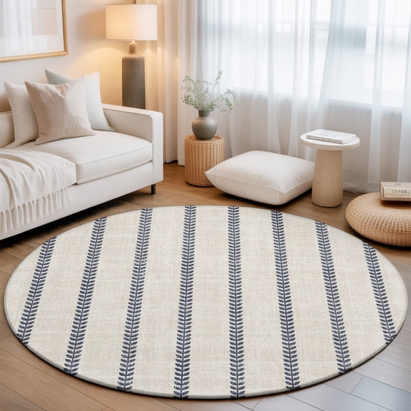 Navy Blue Leaf Stripe Round Living Room Rugs 3.3 ft, Country Vintage Beige Minimalist Vertical Leaves Washable Area Rug with Non-Slip Edge Binding Round Front Door Mat Floor Carpet for Entryway