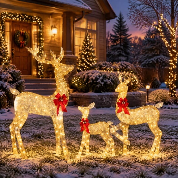 3-Piece 2D Lighted Christmas Deer Family Outdoor Decorations, 11.8 Inch Large Reindeer Set with Warm White Lights, Velvet Bow, for Yard Lawn Porch Garden Patio Holiday Decor