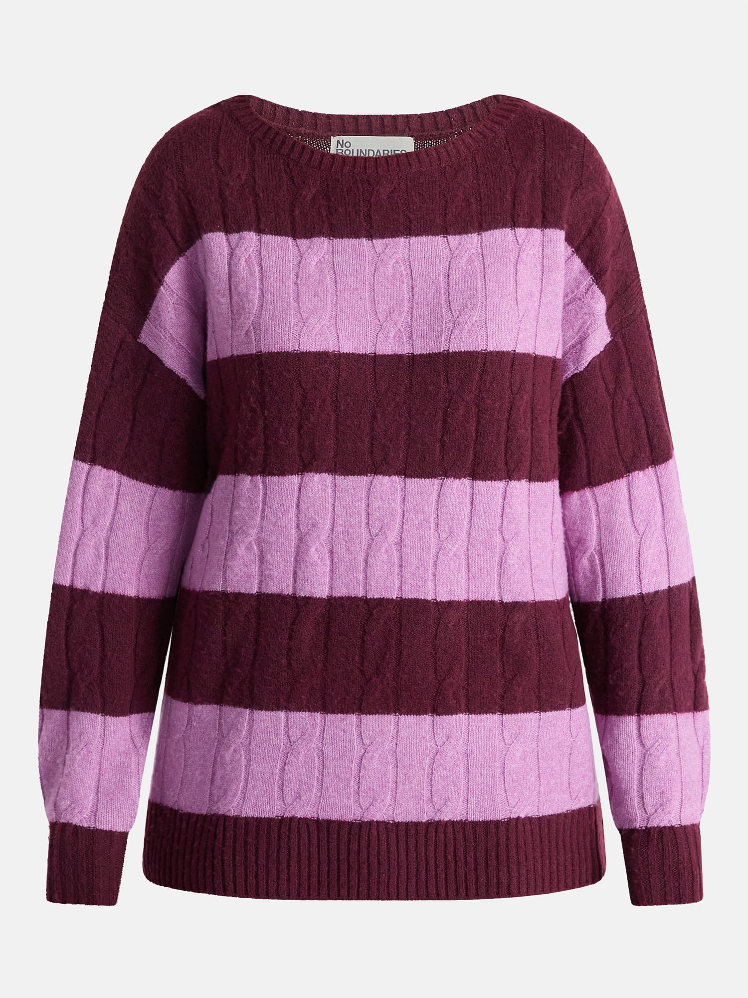 No Boundaries Boatneck Pullover Cable Knit Sweater, Lightweight, Women's