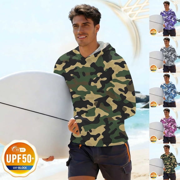 DDAPJ pyju Men's Camo Fishing Hoodie Shirt UPF 50 Sun Protection Long Sleeve UV SPF T-Shirts Quick Dry Rash Guard Swimming Surfing Shirt Light Blue M