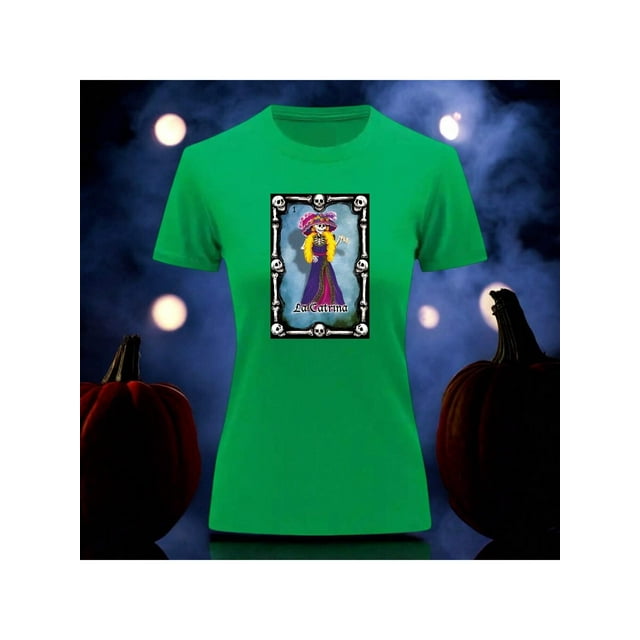 Playera Blusa Con Impresion De La Catrina De Loteria Dia De Muertos Tradicion Mexicana Color Verde Talla Chica Marca Emil SaEs