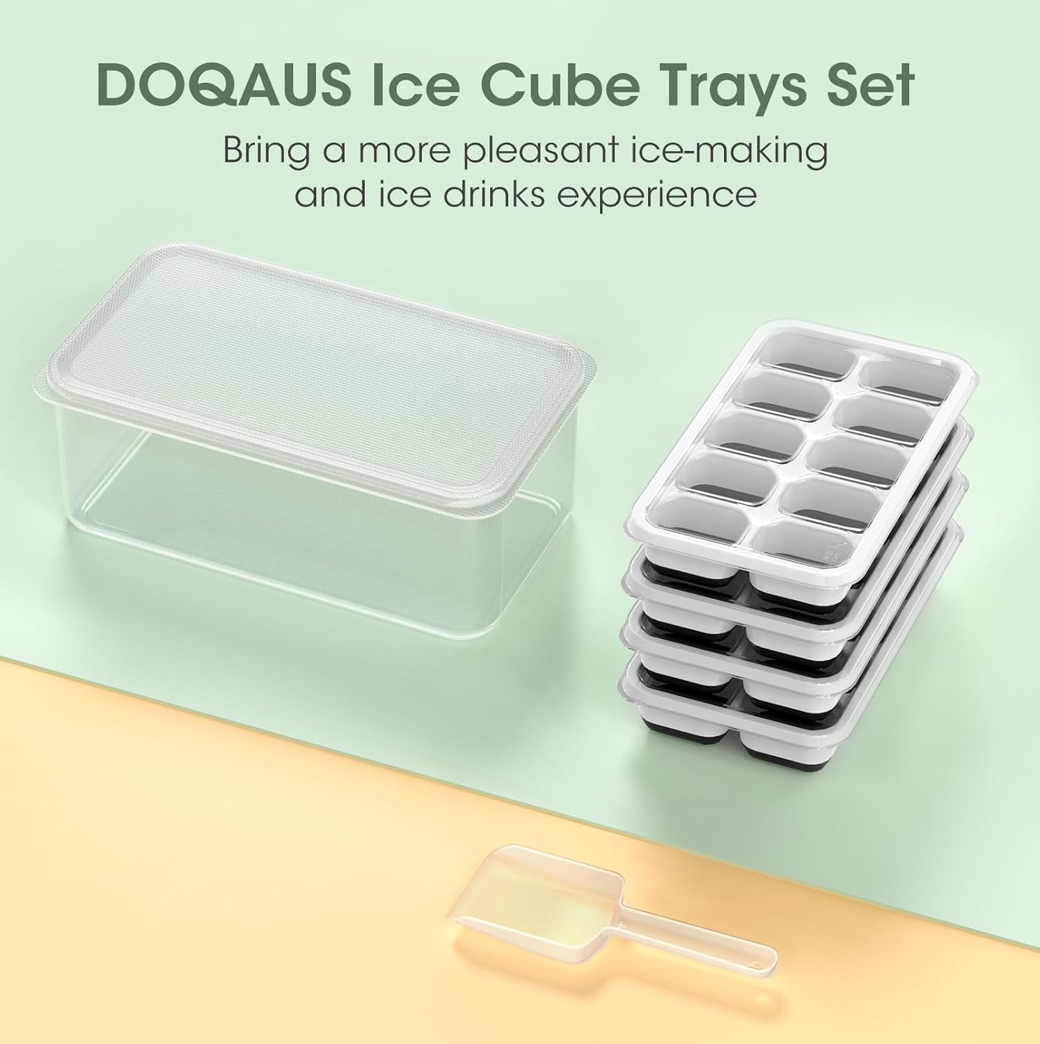 Senya Ice Cube Tray with Lid and Bin, 4 Pack Stackable Ice Tray with Storage Ice Bucket Kits, Ice Scoop