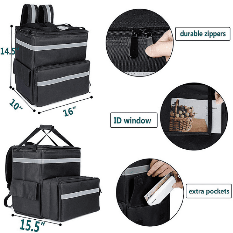 Food Delivery Backpack Expandable Insulated Hot Pizza Bags for Delivery Bike Large Leakproof Waterproof Delivery Bag with 4 Mesh Pockets Reflective Strip Applicable for Uber Eat Camping Beach Walmart....