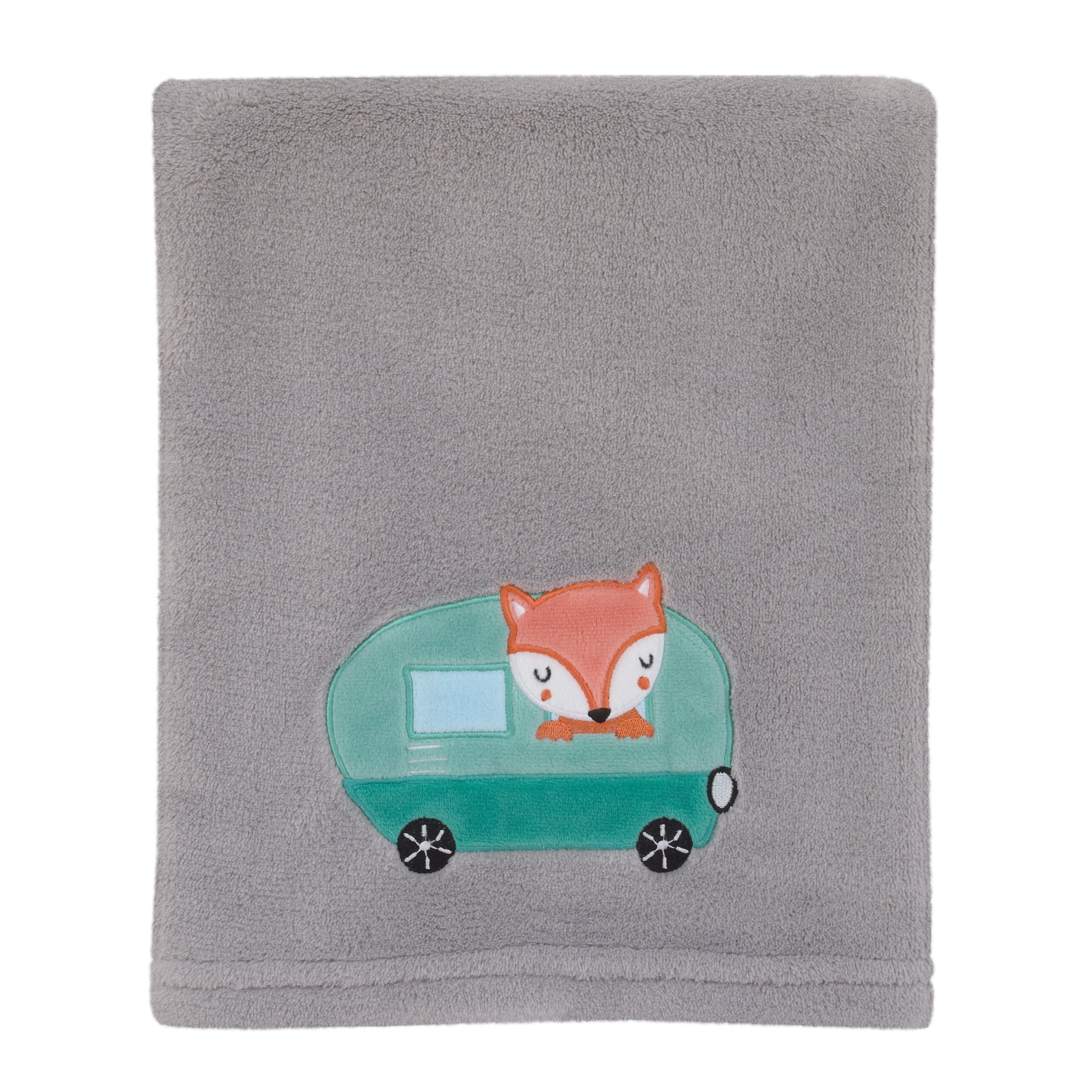 Little Love by NoJo Retro Happy Camper Grey and Aqua Plush Baby Blanket with Fox Applique, Infant, Unisex, Polyester