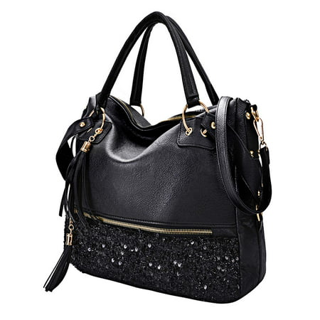 Womens Handbags, Fashion Punk Style Shining Sequin Faux Leather Tote Bag Hobo Bag for Girls Women Ladies (Black)