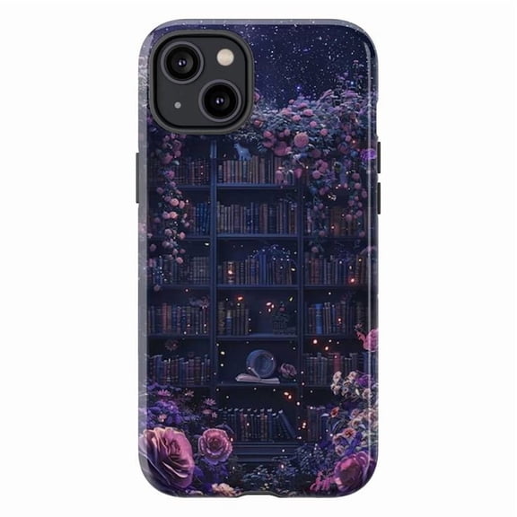 Magical Library Phone Case, Starry Floral Bookshelf Design iPhone Cover, Enchanted Artistic Protective Case for iPhone 16 15 14 13 12 11 Plus Pro Max Mini