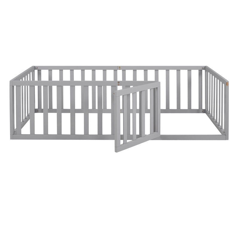 Twin Size Floor Bed Platform Bed with Fence and Door, Wood Montessori Bed Toddler Bed Playhouse Bed for Boys Girls, No Slats