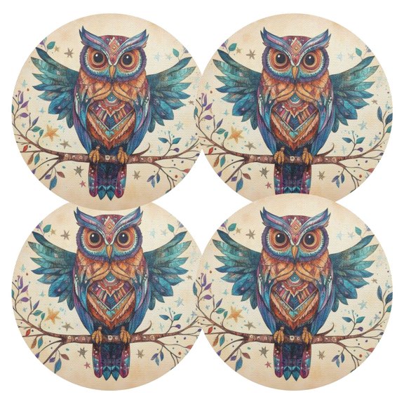 Ryvnso Owl on Tree Pattern Round Plate Mats Dining Table Placemat Set of 4 for Holiday Decoration