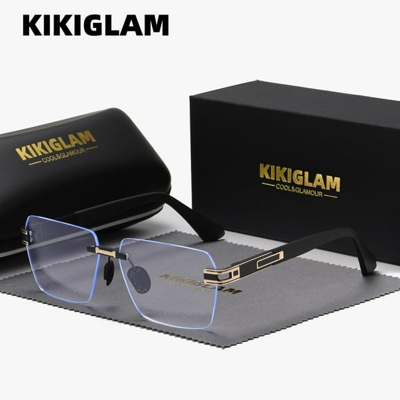 KIKIGLAM Unisex High-End Craftsmanship Fashion Literary Rimless Frame Plano Glasses Exquisite Elegant Anti-Blue Light Rectangular Frame Plano Glasses