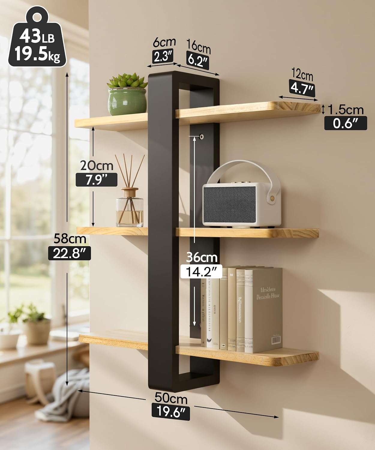 Gronda Adjustable Floating Shelves for Wall 3 Tier Wood Shelf for Bathroom, Bedroom, Living Room, Easy Install, Nature Black Decor Storage Shelf, 20in