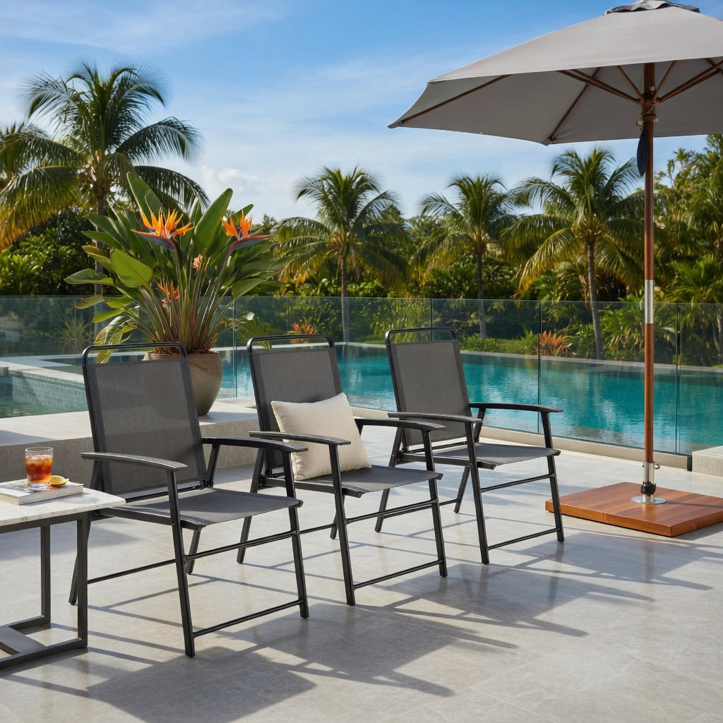 Hommoo 4-Pack Portable Outdoor Folding Chairs with Armrests, Heavy-Duty Steel Frame, Breathable Fabric, Compact Foldable Design for Patio, Garden & Balcony, Gray