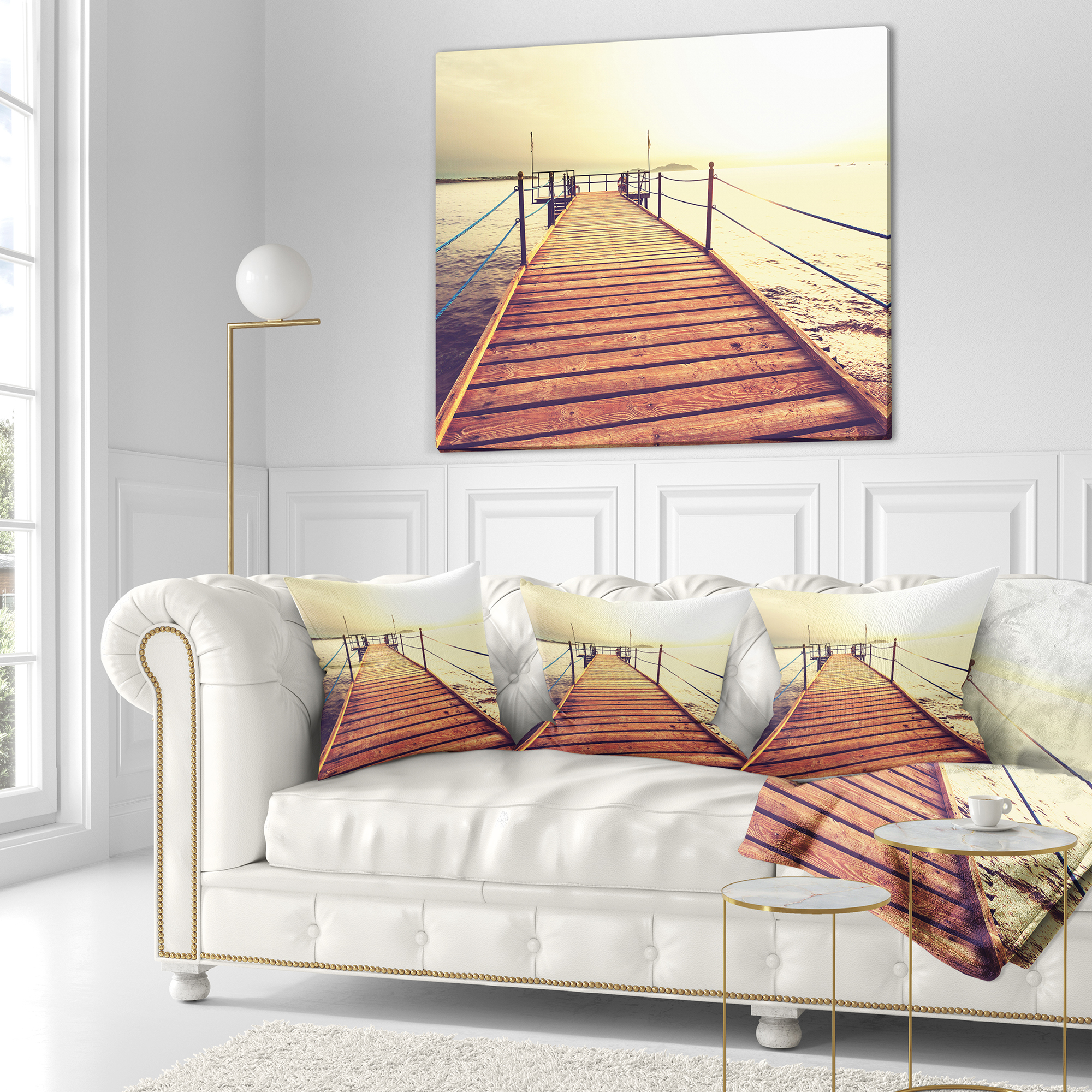 Designart Brown Wooden Boardwalk to the Sea - Bridge Throw Pillow - 18x18