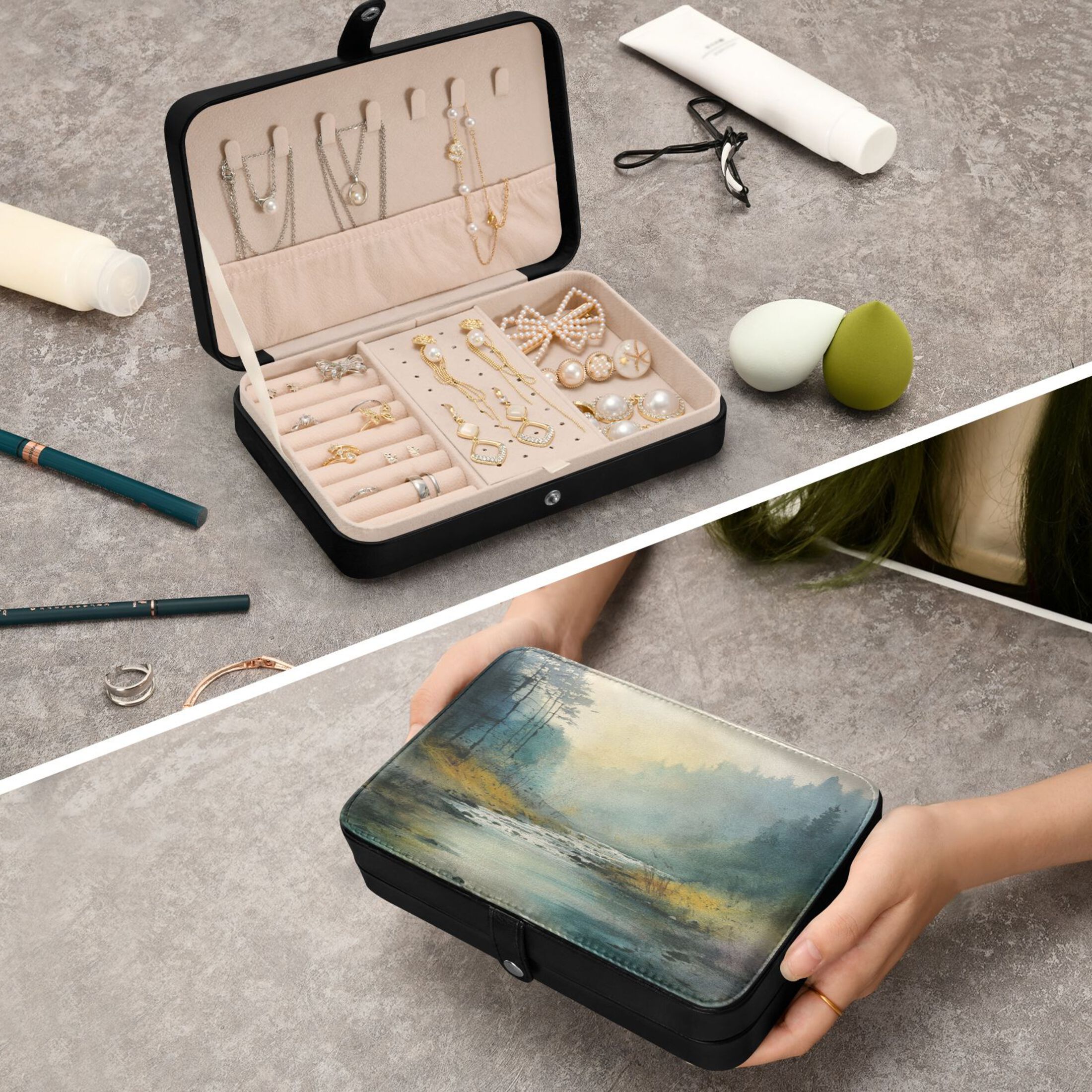 Leather Jewelry Box Rectangular 8.27x5.5x1.78In Travel Jewelry Storage Earrings Necklace Bracelet Watch Brooch Storage Beautiful Watercolor Forest