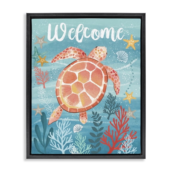 Stupell Industries Tropical Welcome Underwater Turtle Scene Black Floating Frame Canvas Art, 17 x 21, by Sharon Lee