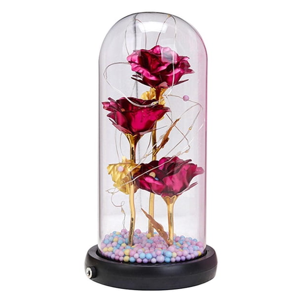 Kearding Flor de rosa encantada en cúpula de cristal Luz LED Decoración del día de San Valentín rosa roja Flores artificiales Rosa roja