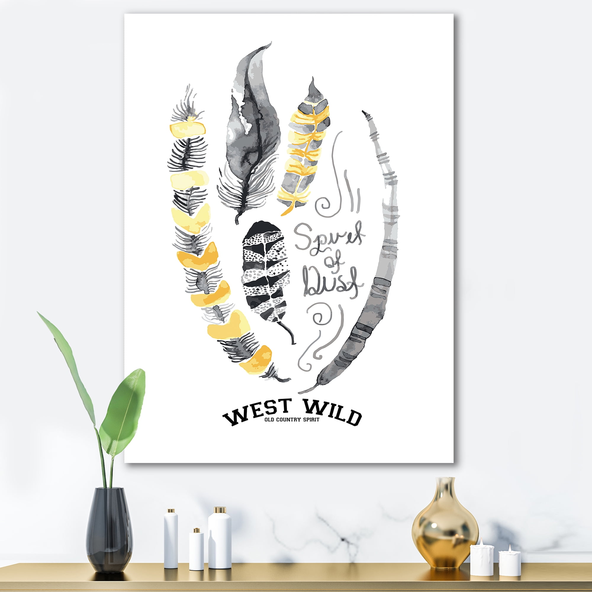 Designart ' Yellow Ethnic Plume Feathers On White ' Bohemian & Eclectic Canvas Wall Art Print