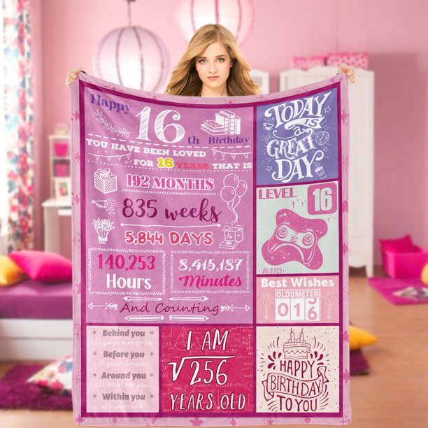 LHSHID Happy 16th Birthday Throw Blanket for Girls 16 Years Old Flannel Fleece Blanket Sixteenth Birthday Gift Ideas Decoration for Teen Daughter Niece Granddaughter 60x80in