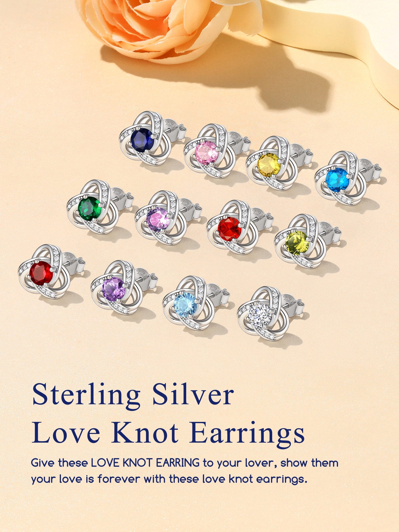 Suplight 925 Sterling Silver Love Shape Knot Birthstone Stud Earrings for Women Gifts Sparkle Round Cut