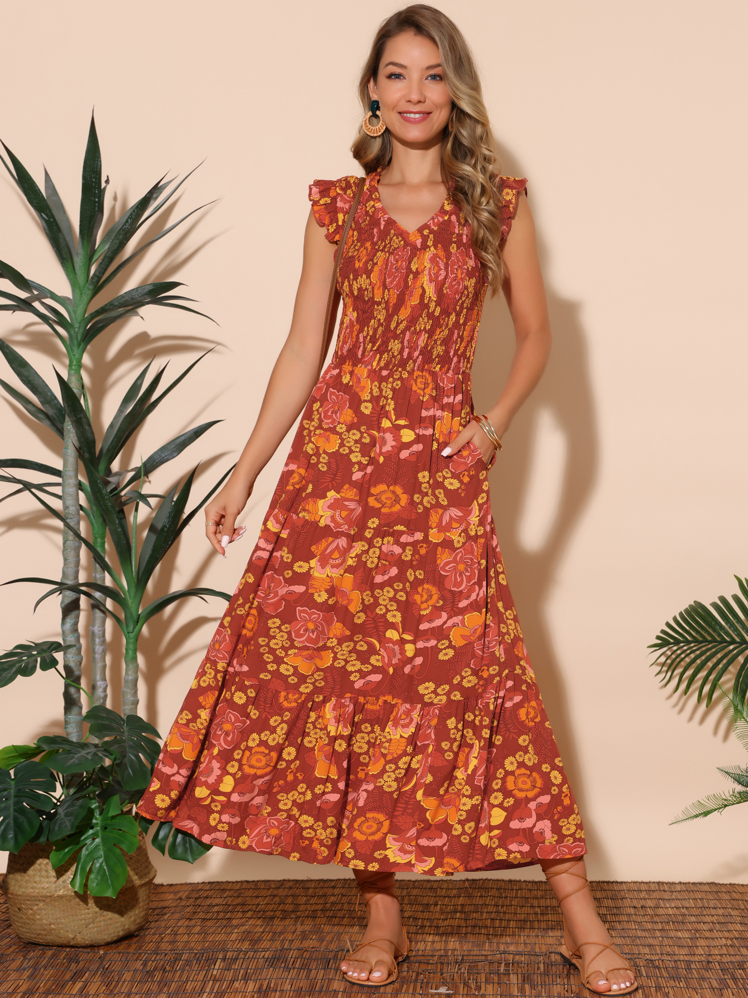 DARING DIVA V Neck Smocked Ruffle Tiered Maxi Dress M Brick Red