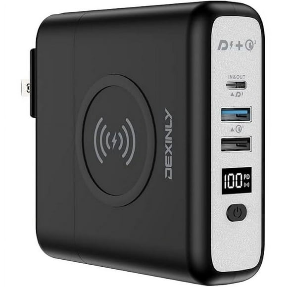 Portable Wireless Charger Power Bank,10000mAh 3-in-1, PD20W USB-C, QC3.0 USB-A Fast Charging Wall Charger Power Bank,AC-Plug Travel Charger External Battery Pack for iPhone,iPad,Android(Black)