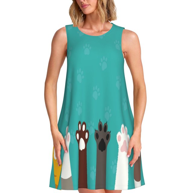 Disketp Cute Cat Paw And Dog para Vestido sin Mangas para Mujeres, Vestidos de Verano para Mujeres, Casual y Holgado para la Playa