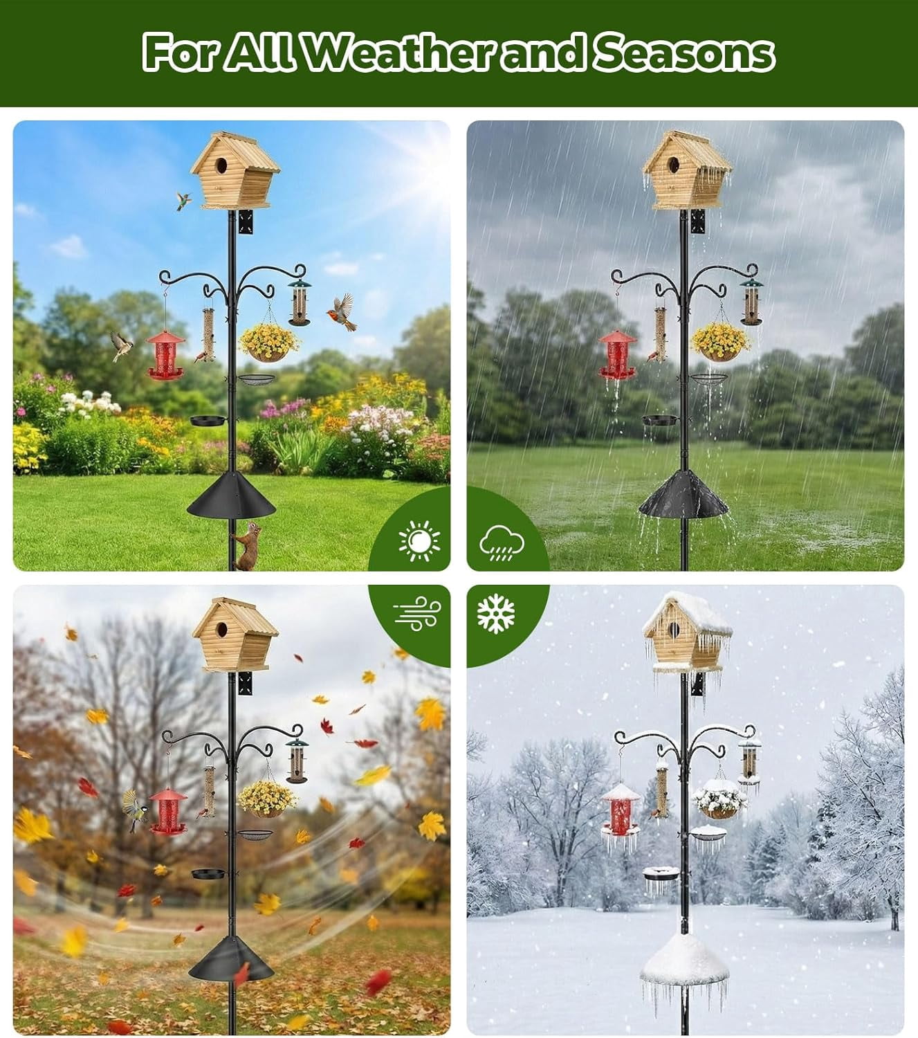 Bird Feeder Pole, 92 inch Bird Feeding Station Heavy Duty with Squirrel Baffle and 9 Prong Base, Includes Water Bowl and Mesh Tray for Feeding, for Gardens and Courtyards, No Bird House, Black