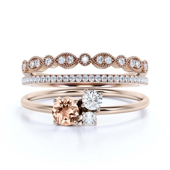 Unique 3 Stone Minimalist 1.55 Carat Round Cut Morganite Engagement Ring, Trilogy Ring, Wedding Ring in 10k Solid Rose Gold, Trio Set, Matching Band, Anniversary Ring