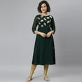 thumbnail image 3 of Janasya Indian Keyhole Neck 3/4 Sleeve Floral Print Green Poly Crepe Kurta For Women, 3 of 7
