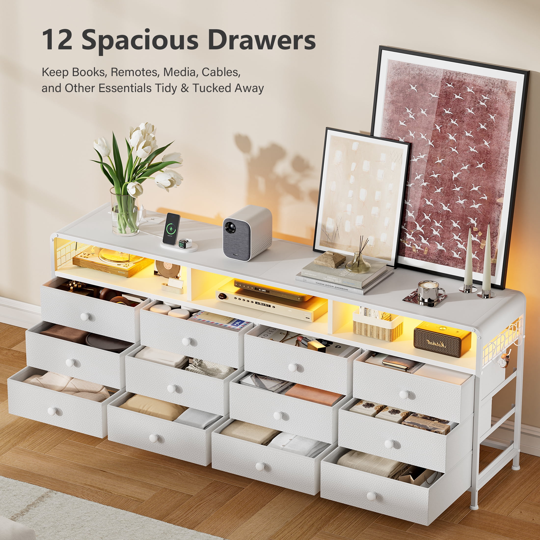 GUNAITO TV Stand for TVs up to 75", Big TV Stand with 12 Fabric Drawers and LED Lights, Entertainment Center with Storage and Shelves for Living Room, White