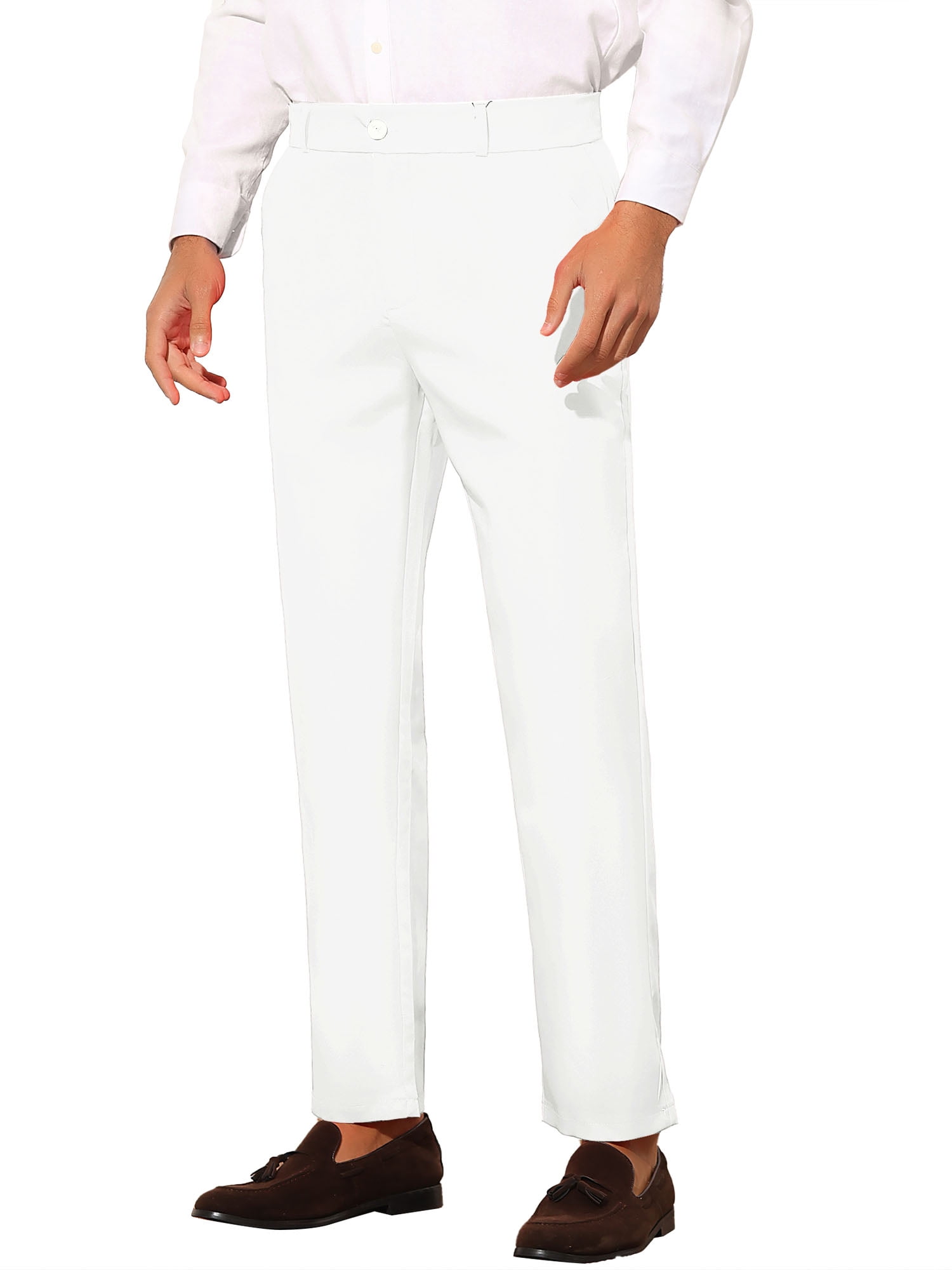 Unique Bargains Men's Slim Fit Trousers Flat Front Solid Color Business Pants 30 White