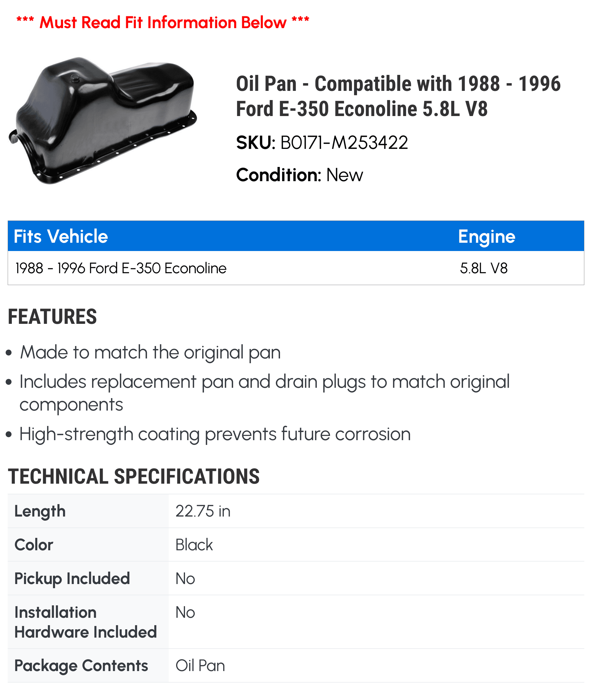 Oil Pan - Compatible with 1988 - 1996 Ford E-350 Econoline 5.8L V8 - Dorman