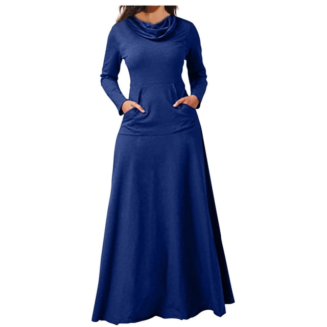 KIHOUT Robe Maxi Femme Couleur Unie Col Haut Manches Longues Patchwork Poches Grand Ourlet Longue Jupe