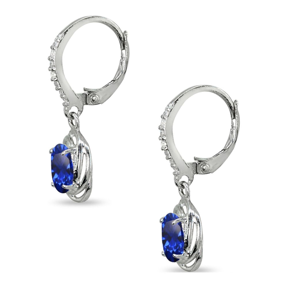 Created Blue Sapphire & CZ 7x5mm Oval Love Knot Sterling Silver Dangle Earrings