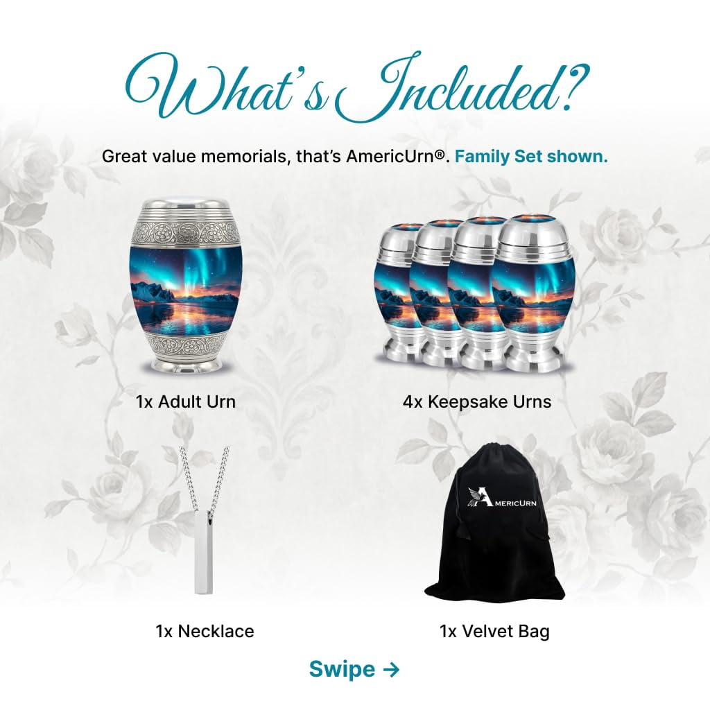 Set of 6 Cremation Urns for Human Ashes Includes 1 Large Urn with 4 Small Keepsakes & 1 Silver Necklace - Aroura Lake
