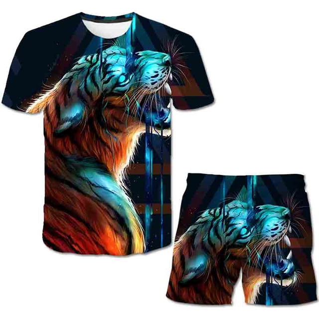Conjuntos de ropa de lobo de 1 a 14 años para niños y niñas, camisetas de manga corta, pantalones cortos, trajes Unisex de 2 uds, ropa informal de dibujos animados para niños, trajes 4T Gao Jinjia LED