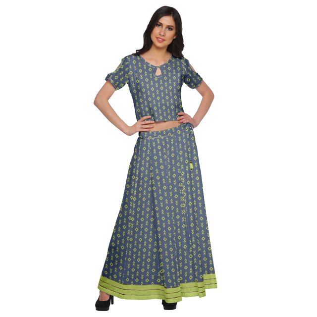 Moomaya Printed Ethnic Wear Long Skirt And Cold Shoulder Crop Top Set For Girls