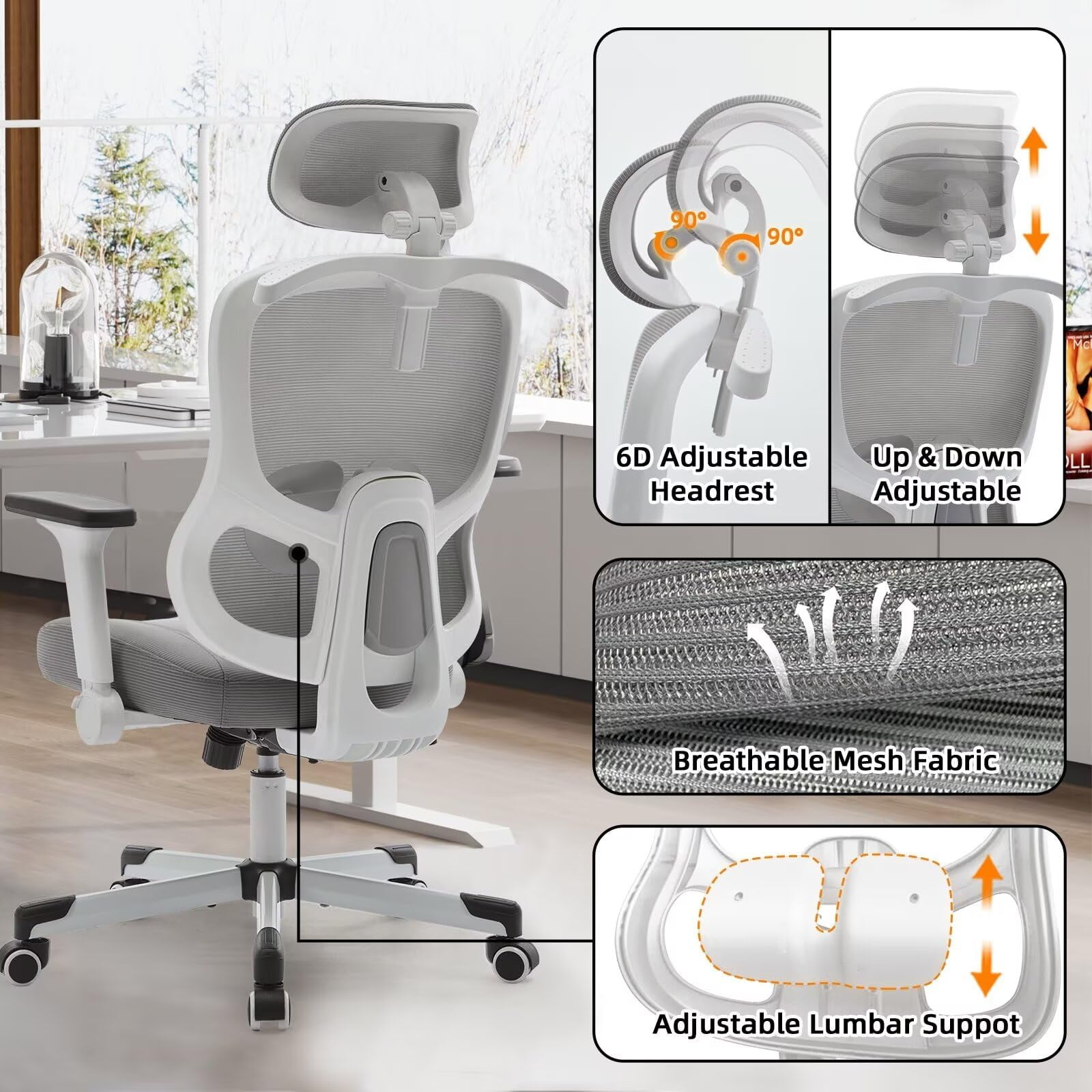 Ergonomic Office Chair Reclining Gaming Chair Adjustable Lumbar Support 4D Armrest 6D Headrest Breathable Mesh Swivel Computer Chairs Home Studio Chairs Desk Chair Coat Hanger Tilt Lock(Pro, Grey)
