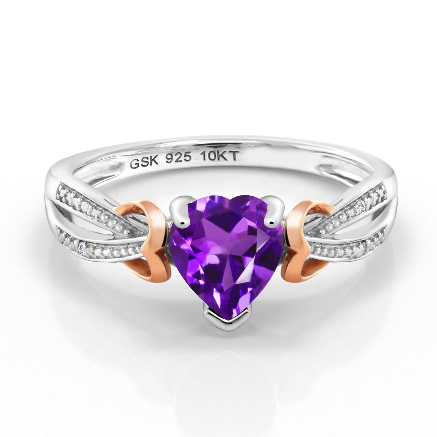 Gem Stone King 925 Sterling Silver and 10K Rose Gold Purple Amethyst and Diamond Heart Shape Ring for Women (0.66 Cttw, Gemstone Birthstone, Available in Size 5, 6, 7, 8, 9)