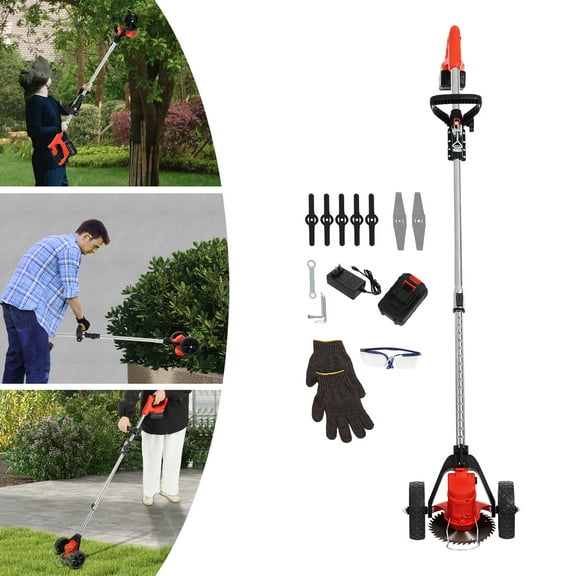 800W Cordless Grass Trimmer with 21V Battery - Adjustable Telescopic Pole, Multi-Blade System & Wheels, Lightweight Weed Wacker for Lawn & Garden
