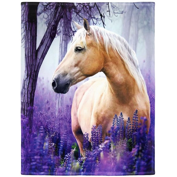 HommomH 40"x50" Horse Blanket with Purple Lavender, Super Soft Fleece Throw Blankets for Girls