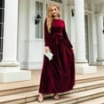 thumbnail image 4 of Women'S Elegant Velvet Belted Pleated Long Sleeve Party Formal Wedding Guest A-Line Maxi Long Dress Dark Red L, 4 of 7