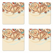 Seashells Coaster Set of 4, Pastel Colored Macro Seashells Picked from Beach Drifts Coral Marine Mollusk, Square Hardboard Gloss Coasters, Standard Size, Cream Red Teal, by Ambesonne
