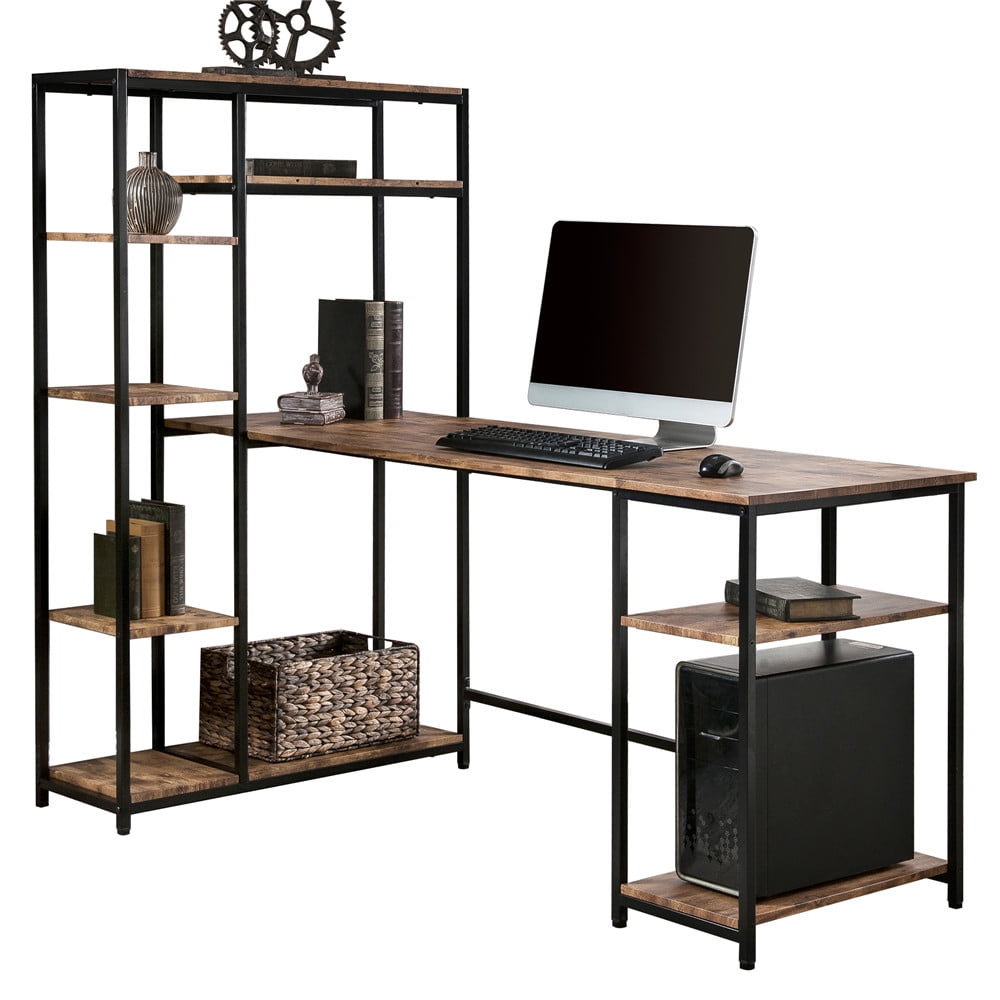 Wood Computer Desk with Open Shelves Metal Frame Industrial Style Large