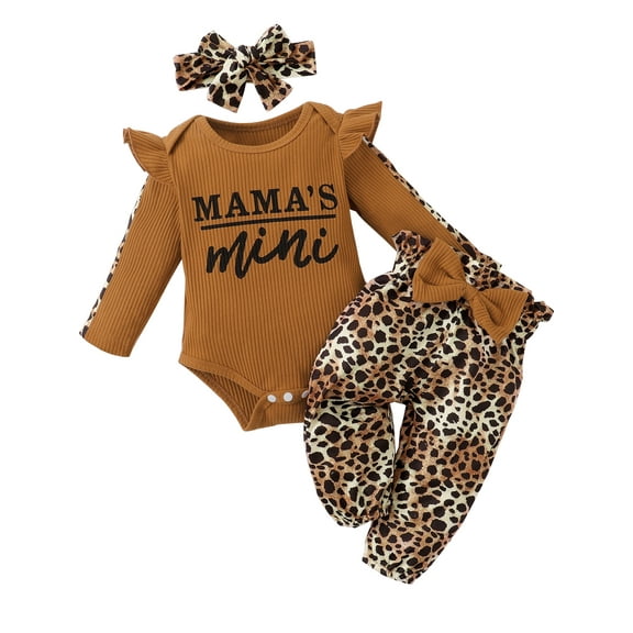 WIBACKER Baby Girl Clothes Newborn Infant Outfits Ruffle Mama's Mini Romper  Leopard Pants   Cute Headband Sets for Girls