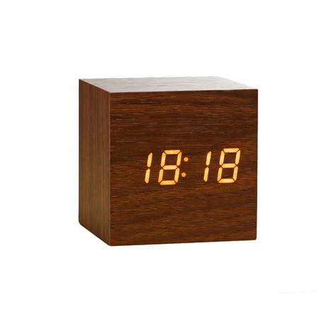 Alarm Clock,Clock For Bedroom,Digital Alarm Clock, with Wooden Electronic LED Time Display, 3 Alarm Settings,Temperature Detect, 2.5 inch Cubic Small Mini Wood Made Electric Clocks(Brown)