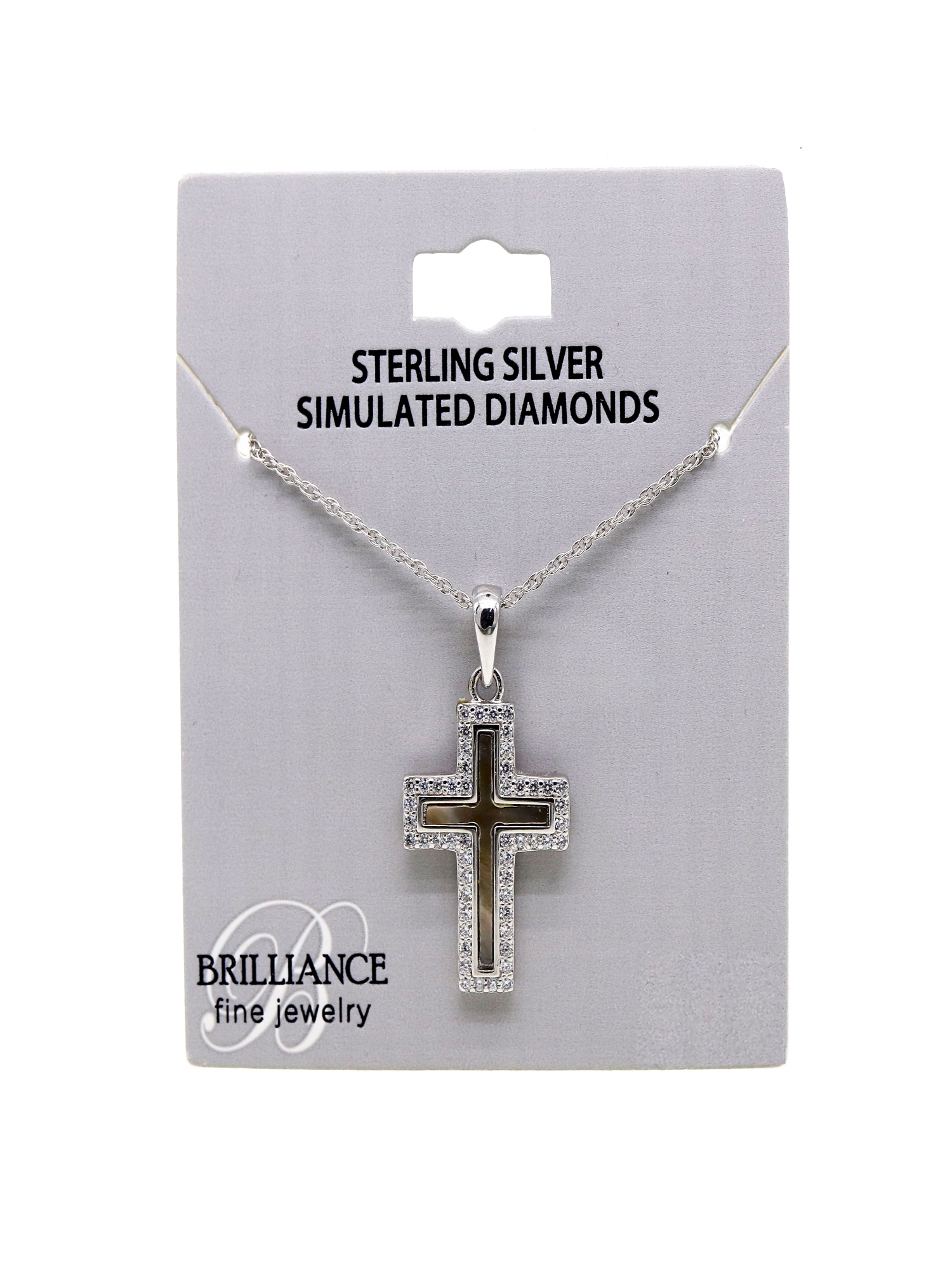 Brilliance Fine Jewelry Simulated Diamonds & Mother of Pearl Cross Pendant in Sterling Silver